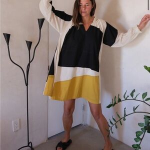 World of Crow Midi Dress Colorblock Dress in Black, White, and Yellow